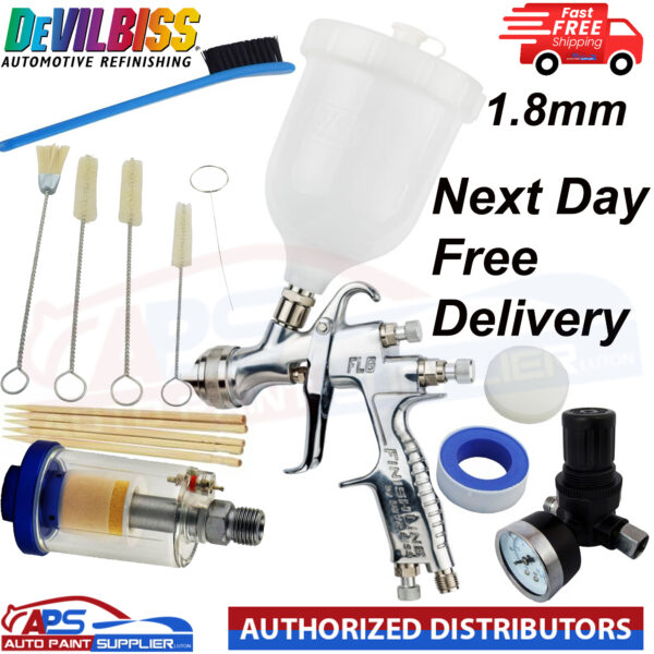 DeVilbiss FLG-G5 1.8mm Paint Spray Gun with Air Filter/Regulator/Cleaning Kit Model: FLG-G5-18