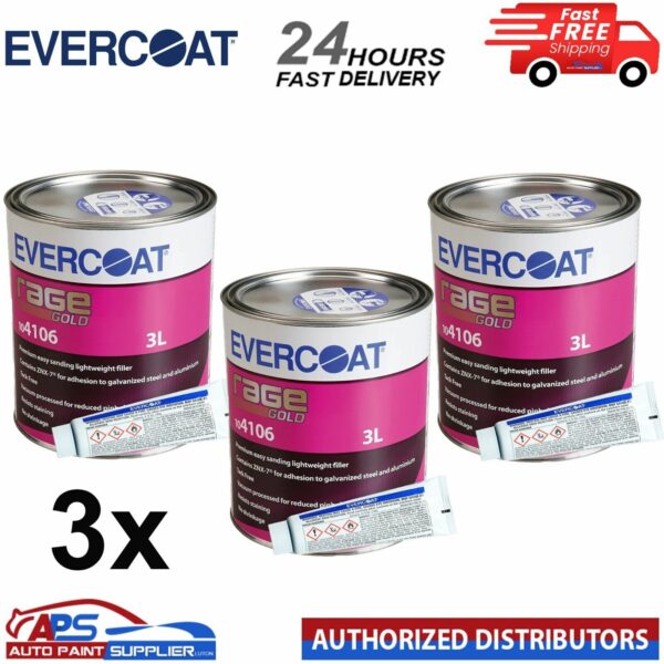 3 X EVERCOAT RAGE GOLD POLYESTER BODY 104106 FILLER WITH BPO HARDENER 3LT-FAST DELIVERY Model: 104106