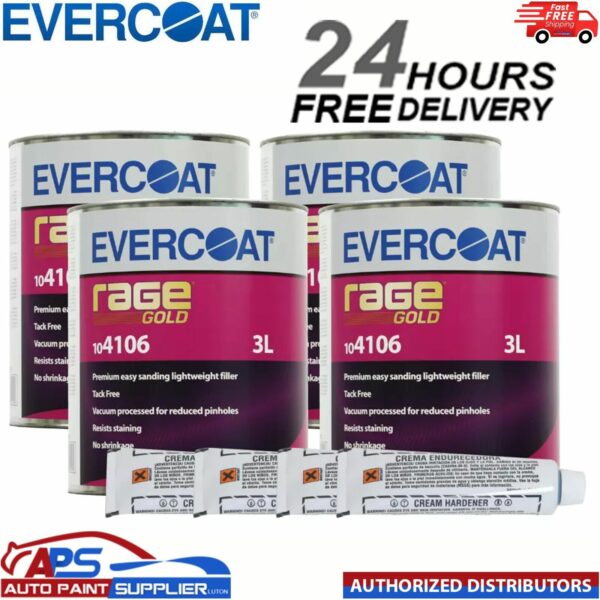 4 X EVERCOAT 104106 RAGE GOLD POLYESTER BODY FILLER WITH BPO HARDENER 3LT Model: 104106