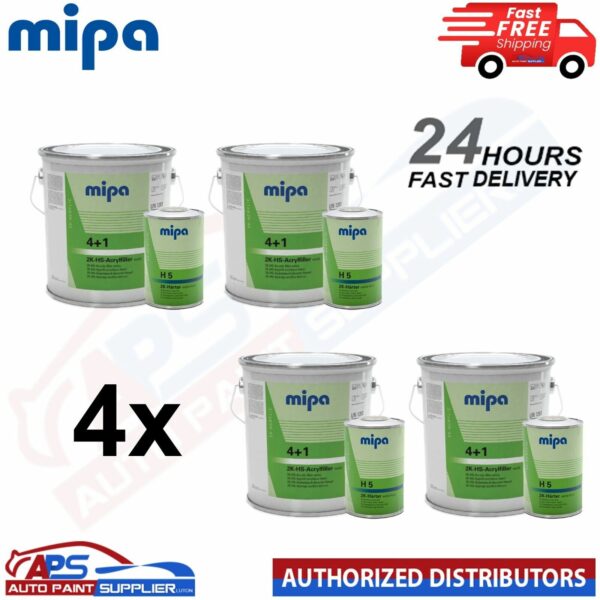4X MIPA 4+1 ACRYFILLER 2K HIGH BUILD PRIMER GREY4LT +4X H5 1LTR - FAST DELIVERY Model: 228510003