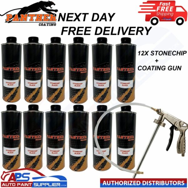 12X PANTHER COATING STONECHIP BLACK UNDERBODY - 1 LITRE + UNDERBODY COATING GUN Model: 12X PANTHER COATING