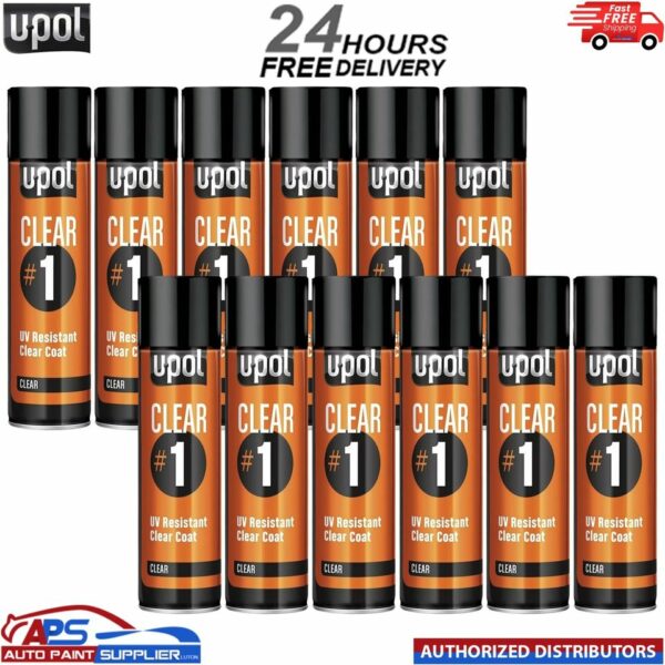12x UPOL CLEAR#1 1k Clear Lacquer Clearcoat Aerosol 450ml U-POL UV Resistant Model: CLEAR/AL