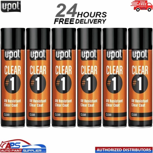 6x UPOL CLEAR#1 1k Clear Lacquer Clearcoat Aerosol 450ml U-POL UV Resistant Model: CLEAR/AL