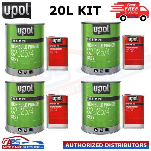 4 X U-Pol 2K High Build Paint Primer GREY S2025 + S2030 Fast Hardener 5 L KIT Model S2025/4
