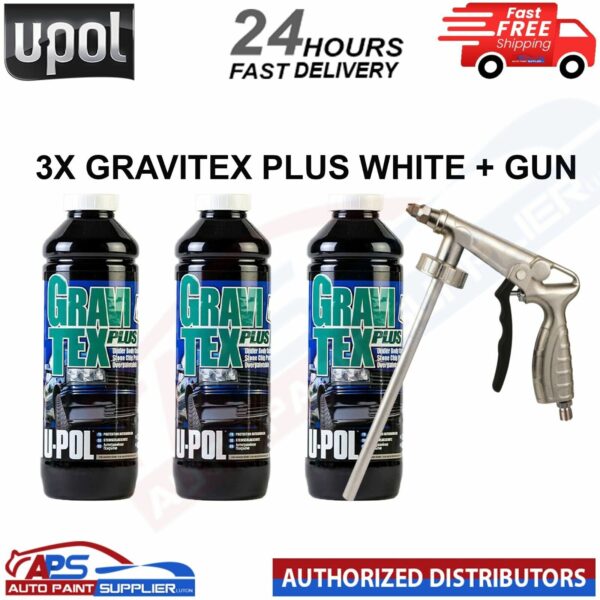 3 X U-POL GRAVITEX PLUS HS STONE CHIP COATING WHITE 1L + GUN - FAST DELIVERY Model: GRA/BW1