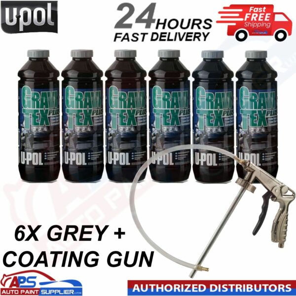 6 X U-POL GRAVITEX PLUS HS STONE CHIP COATING 1L GREY WITH GUN - FAST DELIVERY Model: GRA/GG1