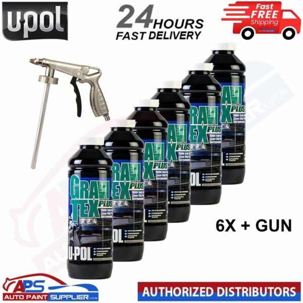 6 X U-POL GRAVITEX PLUS HS STONE CHIP COATING UPOL PROTECTER 1L WHITE - WITH GUN Model: GRA/BW1