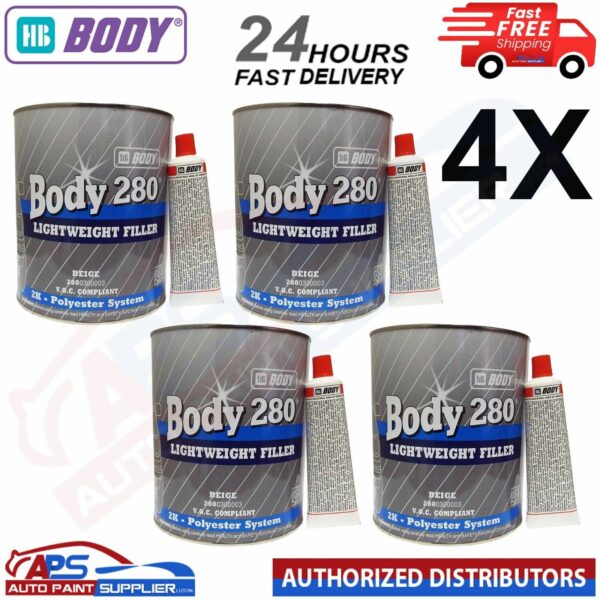 4 x HB Body 3 Litre Bodyfiller HB280 Beige Lightweight 2K - FAST DELIVERY Model: HB280X4
