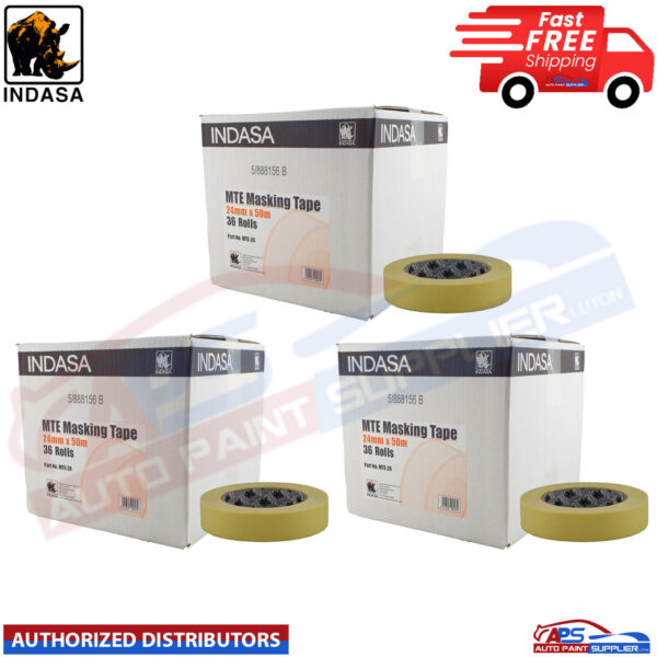 3X Indasa 24mm x 50m Box of 36 Rolls Low Bake Masking Tape 1" Model MTE-243