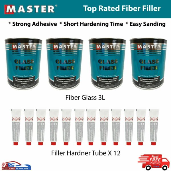 4 x MASTER GLASS FIBER STRUCTURAL CAR BODY FILLER 3LTR 12 X FILLE HARDENER TUBE Model Deal4