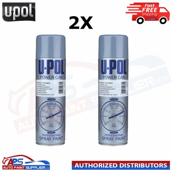 2x UPol Power Can Grey Primer Spray Aerosol Anti-Corrosive Metal 500ml Model PCPG/AL