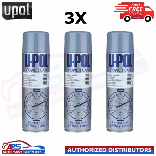 3x UPol Power Can Grey Primer Spray Aerosol Anti-Corrosive Metal 500ml Model PCPG/AL