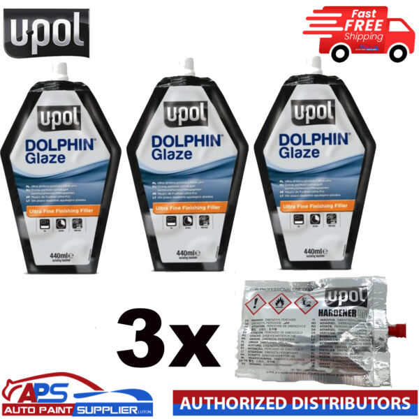 3 x U-POL Dolphin Glaze 440ml Self Levelling Glazing Putty UPOL + HARDENER TUBES Model BAG/DOL