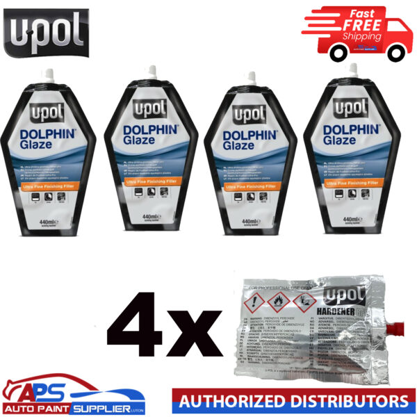 4 x U-POL Dolphin Glaze 440ml Self Levelling Glazing Putty UPOL + HARDENER TUBES Model BAG/DOL