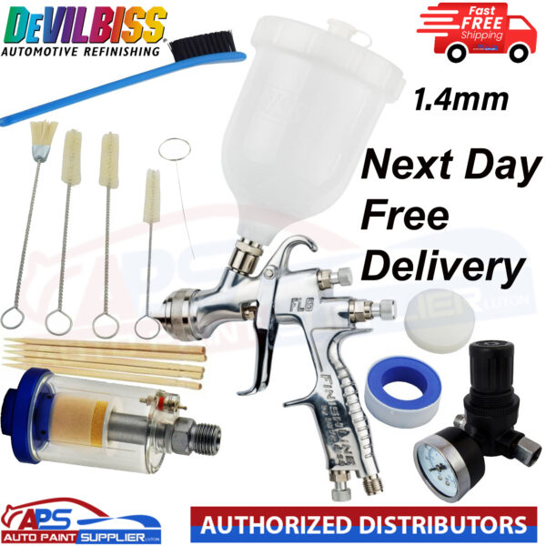 DeVilbiss FLG-G5 1.4mm Paint Spray Gun with Air Filter/Regulator/Cleaning Kit Model: FLG-G5-14