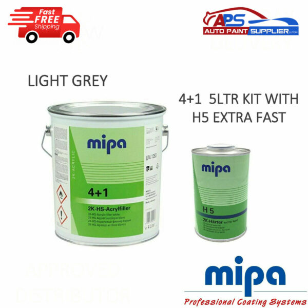 MIPA 4 + 1 ACRY FILLER 2K PRIMER HIGH BUILD LIGHT GREY 4LTR + H5 1LTR 5LTR KIT Model 2377100011