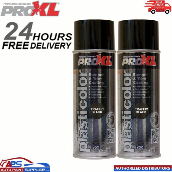 2x PRO XL PRO PLASTICOLOR BUMPER TRIM PAINT AEROSOL 400ML- PC5TB TRAFFIC BLACK Model: PC5TB
