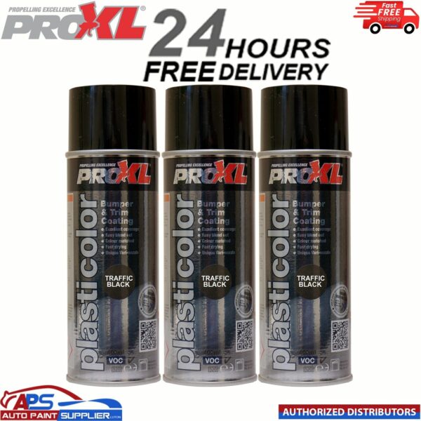 3x PRO XL PRO PLASTICOLOR BUMPER TRIM PAINT AEROSOL 400ML- PC5TB TRAFFIC BLACK Model: PC5TB