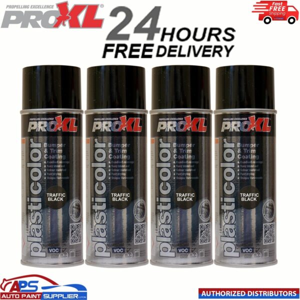 4x PRO XL PRO PLASTICOLOR BUMPER TRIM PAINT AEROSOL 400ML- PC5TB TRAFFIC BLACK Model: PC5TB