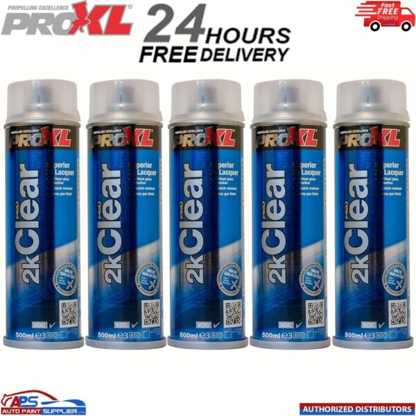 5 X PRO XL 2K CLEAR GLOSS LACQUER AEROSOL PAINT 500ml PROXL Model: PRO2KCLEAR