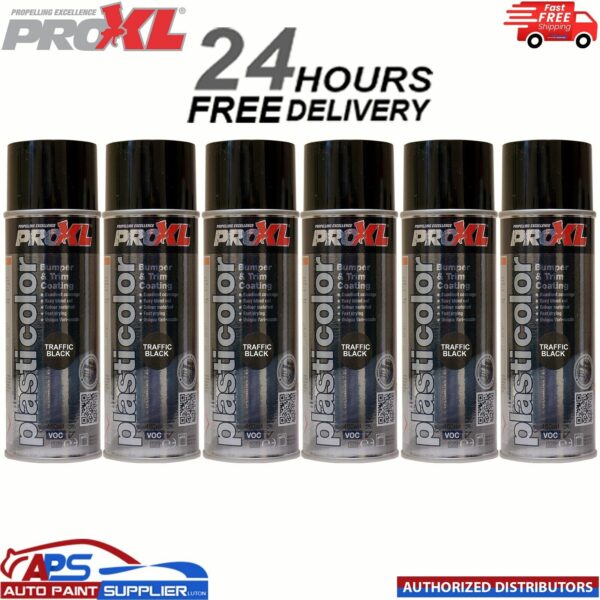 6x PRO XL PRO PLASTICOLOR BUMPER TRIM PAINT AEROSOL 400ML- PC5TB TRAFFIC BLACK Model: PC5TB