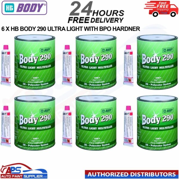 6x HB BODY 290 Ultra Light Multi Body Filler 3L Easy Sand With BPO Hardener Model: 290.07.0000.31