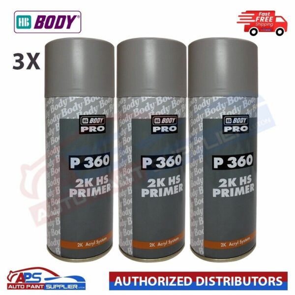 3x HB Body P360 2K HS Grey Primer Acrylic Car Filler Aerosol 400ml Model: 5100700001