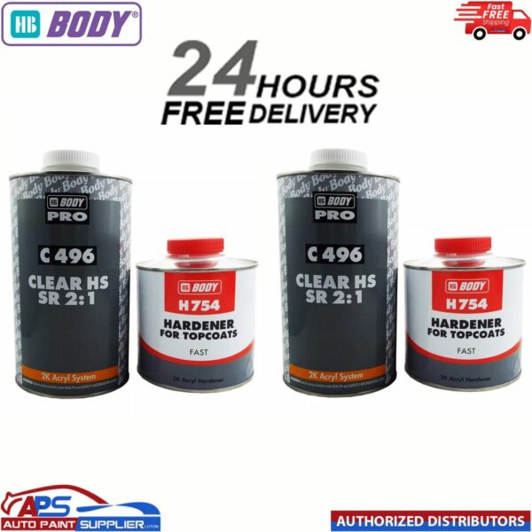 HB BODY 496 2K HS 2:1 CLEAR COAT LACQUER WITH 754 FAST HARDENER - 3LTR KIT Model: 2 X HBBKIT18