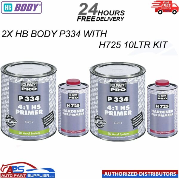 2x HB Body Pro P334 HS Primer Filler 4:1 2k VOC Compliant With H725 10LTR KIT Model: P334 H725