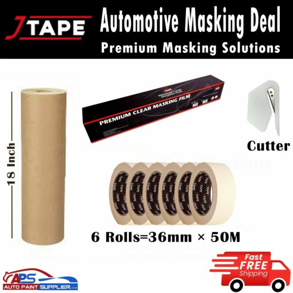 J MASKING TAPE AUTOMOTIVE 36MM x 50M MASKING POLY FILM 120M, 18" PAPER EASY TEAR Model Deal14