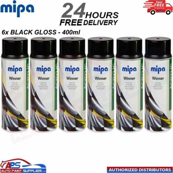6x Mipa Winner Acrylic Spray Paint Black Glossy Aerosol - 400ml Model: 216011200