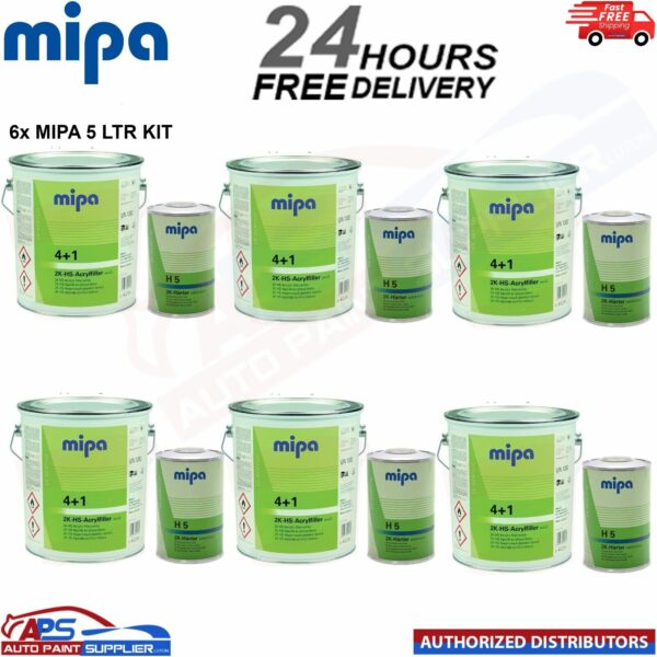 6x MIPA 4+1 2K HS ACRYFILLER HIGH BUILD PRIMER WHITE 4LTR WITH H5 1LTR - 5L KIT Model: 237710000