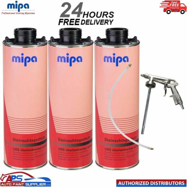3x MIPA SUPER BLACK OVER PAINTABLE STONE CHIP 1L WITH GUN Model: 256210000