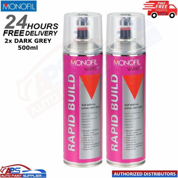 2x MONOFIL VARIO+ RAPID BUILD SELF ETCHING PRIMER DARK GREY Aerosol 500ml Model: 913990021M