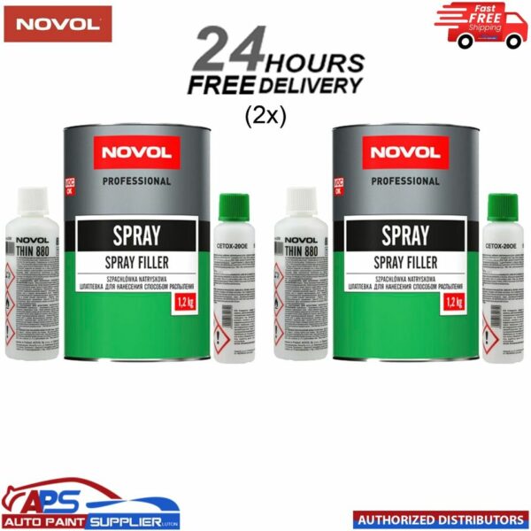 2x NOVOL POLYESTER SPRAY FILLER KIT 1.2KG + THINNER & HARDENER Model: SPRAY FILLER