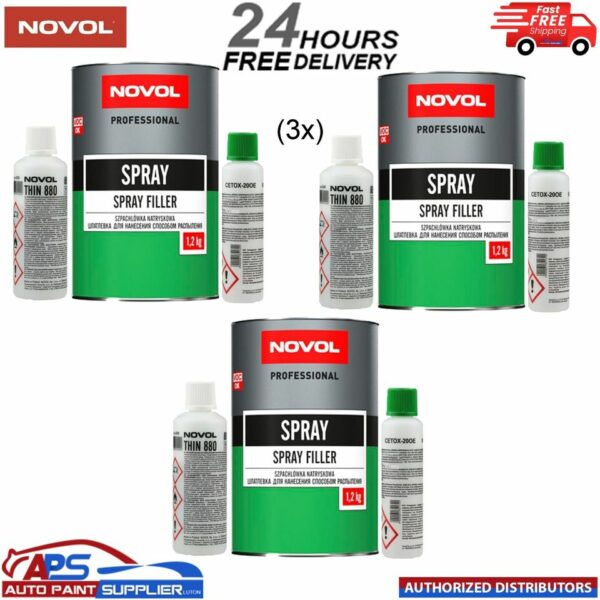 3x NOVOL POLYESTER SPRAY FILLER KIT 1.2KG + THINNER & HARDENER Model: SPRAY FILLER