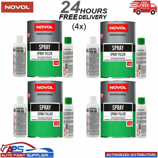 4x NOVOL POLYESTER SPRAY FILLER KIT 1.2KG + THINNER & HARDENER Model: SPRAY FILLER