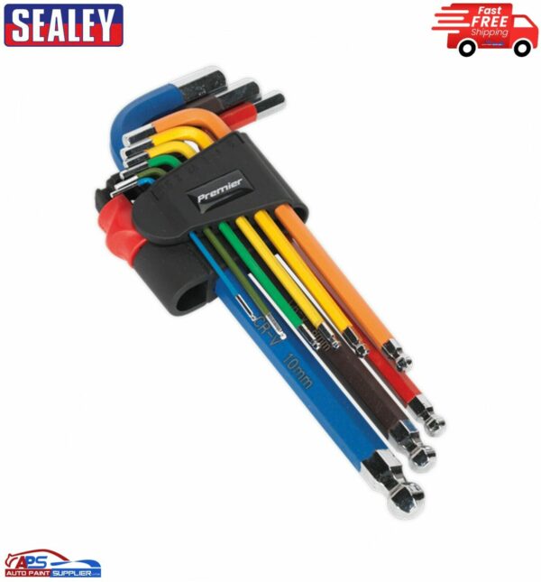 AK7190 Sealey Ball-End Hex Allen Key Set-9pc Colour-Coded Long Metric Model AK7190