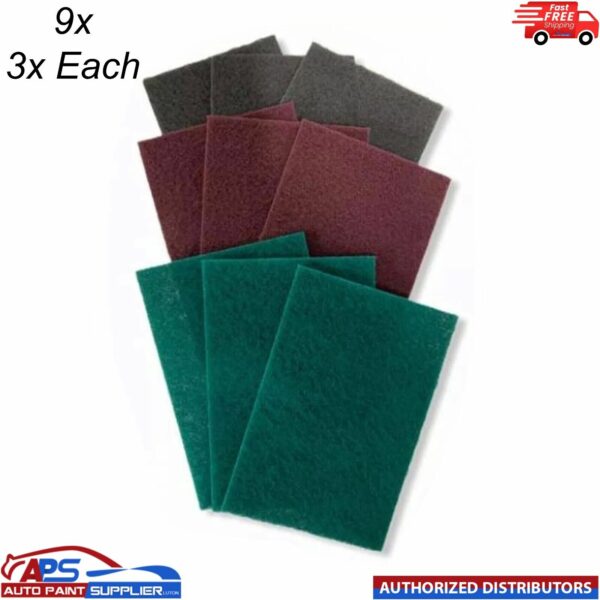 9X Scotchbrite Finishing pads Abrasive 3 of each Grit : Green Grey Red Model: Scotchbrite Abrasive