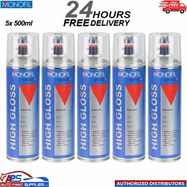 5x MONOFIL VARIO+ HIGH GLOSS CLEARCOAT FINISH LACQUER SPRAY CLEAR Aerosol 500ml Model: 915990080M