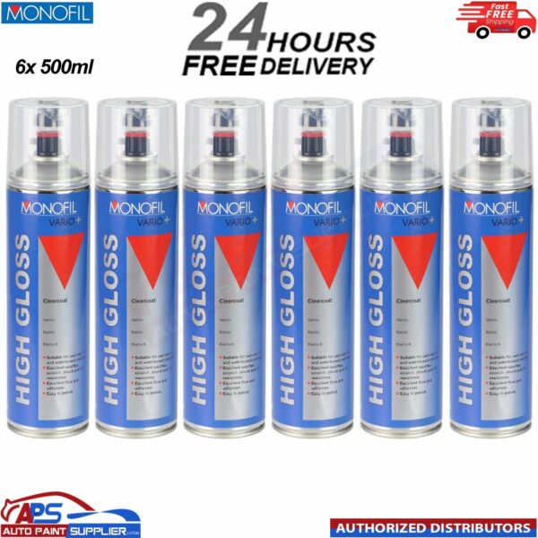 6x MONOFIL VARIO+ HIGH GLOSS CLEARCOAT FINISH LACQUER SPRAY CLEAR Aerosol 500ml Model: 915990080M