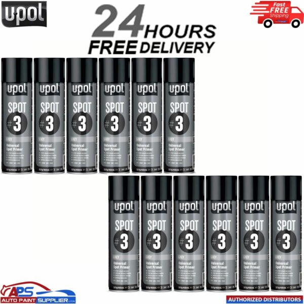 12x U-Pol Spot #3 Fast Drying Universal Grey Primer 450ml Aerosol Easy To Sand Model: SPOT/AL