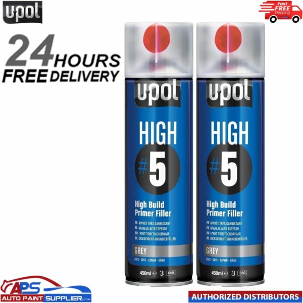 2x U-POL HIGH#5 Grey High Build Primer Aerosol 450ml UPOL HIGH 5 Model: 0791V