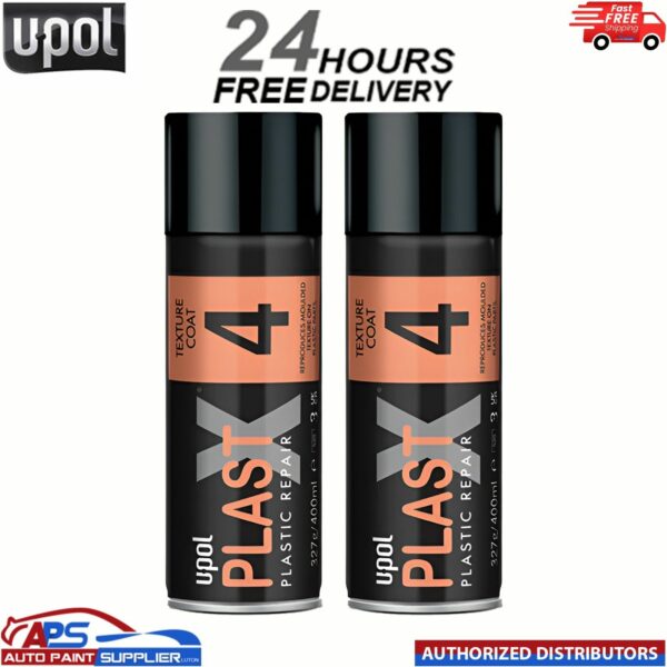 2x UPOL PLAST X 4 FINE TEXTURED PAINT AEROSOL FOR TRIM / PLASTIC BUMPER 400ML Model: PLAS/4F