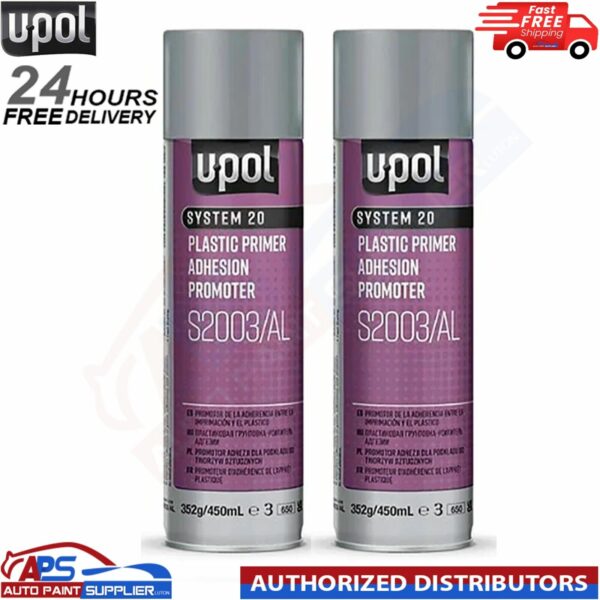 2x U-POL SYSTEM 20 PLASTIC PRIMER ADHESION PROMOTER S2003/AL AEROSOL - 450ML Model: S2003/AL