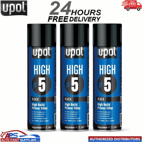 3x UPOL HIGH BUILD HIGH #5 PRIMER 450ML AEROSOL U-POL - BLACK Model: HIGHB/AL