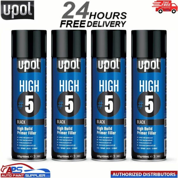4x UPOL HIGH BUILD HIGH #5 PRIMER 450ML AEROSOL U-POL - BLACK Model: HIGHB/AL