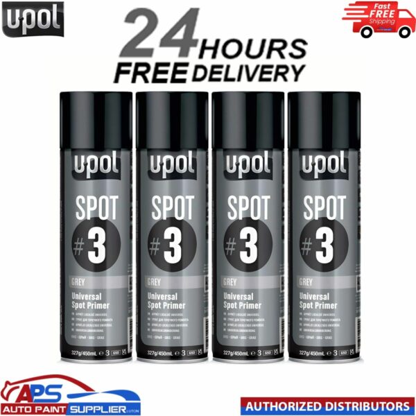 4x U-Pol Spot #3 Fast Drying Universal Grey Primer 450ml Aerosol Easy To Sand Model: SPOT/AL