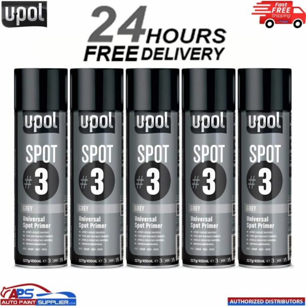 5x U-Pol Spot #3 Fast Drying Universal Grey Primer 450ml Aerosol Easy To Sand Model: SPOT/AL