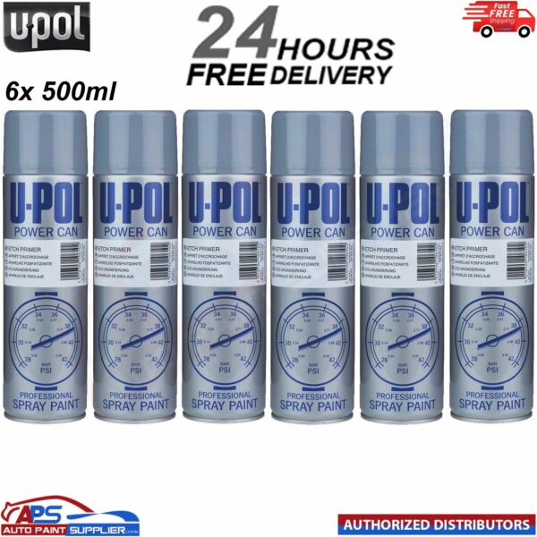 6x 500ml U-Pol Etch Primer Isopon Grey Spray Power Can Paint Anti-Corrosive UPOL Model: PCEPAL_6PACK